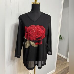 Avenue Black  Sheer Top with Red Rose Design
